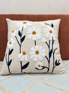 Embroidery Square Cotton Bohemian Home Decorative <b>Cushion</b> <b>Cover</b> with Daisy Floral Meadow and Dark Stem Motifs Anti-Dust Mite - Product Image 2