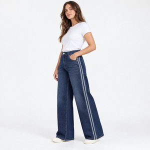 Jeans de Mezclilla de Cintura Alta y Pierna Ancha para Mujer, con Franja Lateral, Color Índigo Oscuro, Marca Privada OEM - Product Image 3