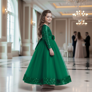 Robe de demoiselle d'honneur verte à sequins la plus vendue pour mariage, robe de soirée de luxe en velours brodé pour enfants, tenue de cérémonie pour événements formels - Product Image 6