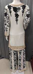 White Black Floral Embroidered Silk Salwar Kameez <b>Kurta</b> Set with Palazzo Dupatta <b>for</b> <b>Women</b> - Product Image 3