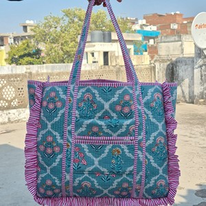 Cotton Quilted Floral Tote <b>Bag</b> With Pink Ruffles <b>Boho</b> Style Women's Shoulder <b>Bag</b> All Seasons Shopping <b>Bag</b> - Product Image 4