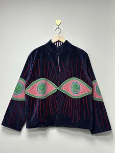 Veste courte d'hiver pour femme, style bohème, en velours, brodée Suzani, motif œil porte-bonheur, col montant, faite main, tendance - Product Image 1