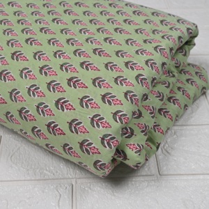 Premium Organic <b>Light</b> Green Kalamkari Hand Block Print Cotton Fabric Small <b>Leaf</b> Motif for Kurtis Dresses Cushions Craft B2B - Product Image 4