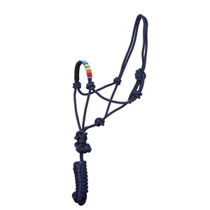 Licol d'entraînement réglable en corde tressée de nylon bleu marine avec muserolle perlée arc-en-ciel et longe, OEM en gros - Product Image 3