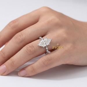 Anillo de compromiso y boda clásico con diamantes marquesa y detalles laterales, diamante cultivado en laboratorio, oro macizo de 14K, moderno para mujer - Product Image 3