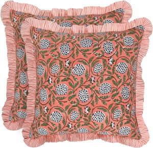 Housse de coussin carrée à fermeture éclair, style occidental, en coton imprimé floral, avec volants, motif saumon foncé, collection Ridhi, très vendue - Product Image 1
