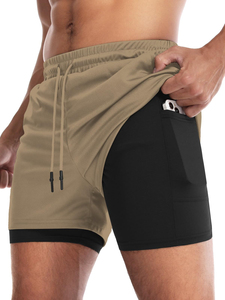 Shorts de sport 2-en-1 pour hommes à séchage rapide avec logo personnalisé, respirants, beiges, pour la course, vente en gros, OEM, marque privée, vêtements de fitness et de gym - Product Image 3