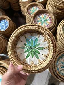 Exquisite Handmade Rattan Serving Tray with Iridescent Mother of Pearl Floral Inlay Refined Natural Woven <b>Frame</b> Sophisticated - Product Image 6