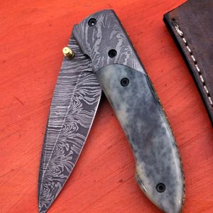 Couteau pliant en acier Damas, lame à pointe tombante, avec manche en marbre et étui en cuir, couteau de poche pour le camping en plein air - Product Image 1