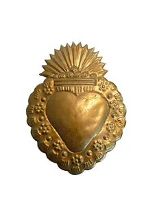 Plaque murale décorative Sacré-Cœur Ex Voto en or antique fait main, motif flamboyant, pour la décoration catholique, vente en gros, accessoires pour la maison - Product Image 1