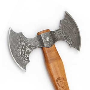 Hache à double tête en acier Damas, outil d'extérieur en acier forgé avec manche en bois traditionnel, hache à double tête en acier Damas - Product Image 2