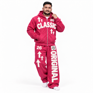 Survêtement zippé en molleton délavé personnalisé pour homme avec veste à capuche à lettres appliquées, pantalon ample, étiquette personnalisée, vêtements streetwear robustes - Product Image 1