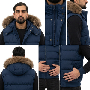 Chaleco acolchado con capucha para hombre, azul marino, con ribete de piel, transpirable, cortavientos, con cierre de cremallera, informal, para invierno, estilo urbano, corte holgado, poliéster - Product Image 6