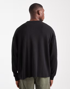 <b>Men's</b> Black <b>Long</b> <b>Sleeve</b> <b>Henley</b> Knit Pullover Regular Fit Casual Button Up Collar 100% Cotton Breathable Autumn Wear - Product Image 3