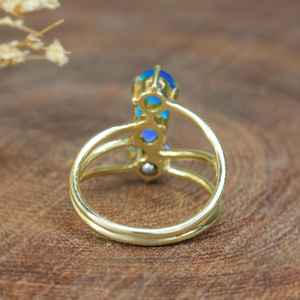Bague en opale bleue naturelle, style vintage, religieuse, de caractère, bijoux éthiopiens de qualité AAA, en argent sterling 925 plaqué or 14 carats - Product Image 4