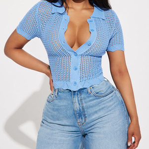 Elegant Women's Blue Knitted Button Up <b>Crop</b> Top <b>Short</b> <b>Sleeve</b> Sexy Club Wear Summer Breathable <b>Cardigan</b> Solid Color Flat Knit Top - Product Image 1
