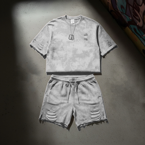 Custom Made Acid Washed Distressed Tshirts Oversized Blank 100 Cotton t Shirt and Shorts Set Men - Product Image 2