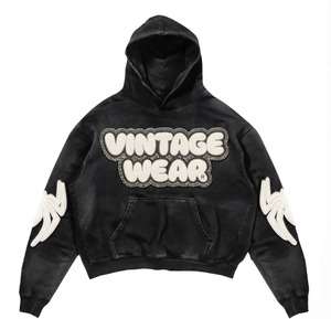 Sweat-shirt à capuche oversize vintage avec logo appliqué sur le devant, en molleton de coton pour homme, style automne, prix de gros - Product Image 1