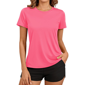 Camiseta de Jersey de Manga Corta con Cuello Redondo, Color Rosa Sólido, Corte Regular, Secado Rápido, para Mujer, Ropa Casual de Primavera/Verano, para Gimnasio, ODM - Product Image 1