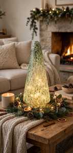 Lanterne de table conique en verre soufflé vert moucheté, faite à la main, pour bougie d'arbre de Noël, portable pour la décoration de la maison en fêtes - Product Image 2
