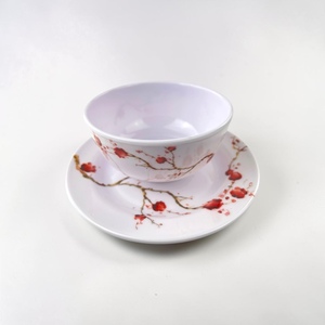 Traditional Asian <b>Melamine</b> Dinnerware Set Flat Plates Pigmented Red Plant Pattern Asian Zen Style Dishwasher Microwave Safe - Product Image 2