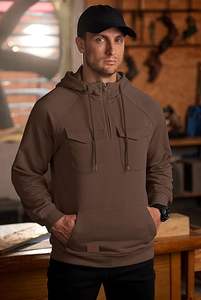Sweat à capuche cargo brodé 100 % coton pour homme, demi-zip, poids moyen, décontracté, style workwear, tactique, avec poches - Product Image 3