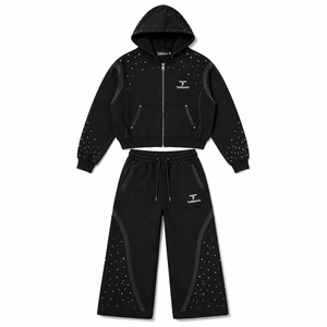 Rhinestone Hoodie and Wide Leg <b>Sweatpants</b> <b>Set</b> Unisex Zip up Tracksuit Streetwear Jogger <b>Set</b> 100% Cotton Winter Customized Logo - Product Image 2
