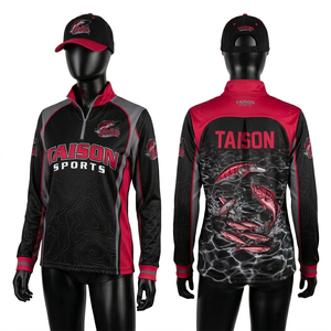 Sudadera con Capucha para Pesca para Mujer, 180 GSM, Poliéster Premium Transpirable, Absorbe la Humedad, Diseño con Paneles Negros y Rojos, Sublimación, Logotipo Personalizado - Product Image 1