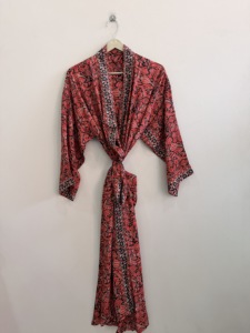 Long Patchwork Silk Kimono Robe Comfy Dressing Gown for Women V-neck Drawstring Closure Full-Length <b>Sleeves</b> Soft - Product Image 3