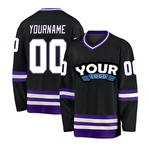 Camiseta de Hockey sobre Hielo Personalizada, Negra, Morada y Blanca a Rayas, Cuello en V, Manga Larga, Impresión Sublimada, Absorbe la Humedad, Ropa Deportiva para Hombre Adulto - Product Image 1