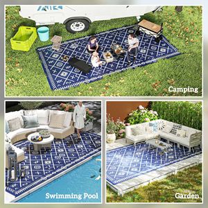 Tappeto Reversibile da Esterno Blu e Bianco a Rombi 9FT X 18FT con Paglia in PP Impermeabile e Borsa per il Trasporto per Patio e Viaggi - Product Image 5