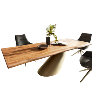 Table de salle à manger rectangulaire en bois d'acacia naturel, design artisanal moderne, bord brut, base en métal en forme de cône, pour cuisine et restaurant - Product Image 6