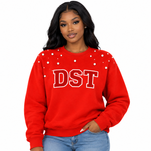 Delta |   Sigma |   Sudadera de Mujer Theta con Adornos de Perlas, Letra Griega Bordada, Cuello Redondo, Manga Larga, Estilo Casual - Product Image 1