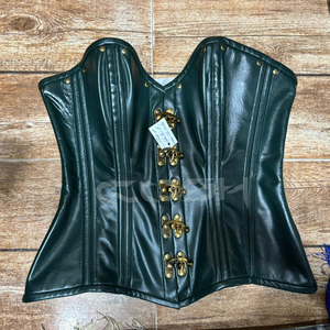 Corset en cuir vert à baleines en acier, style overbust, avec clous et fermoirs anciens - Product Image 2