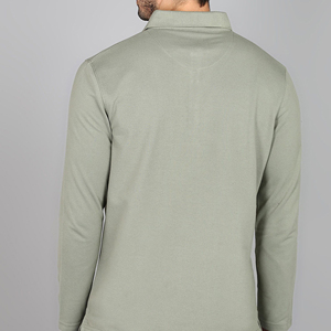 Polo à manches longues pour homme en coton piqué vert sauge avec col boutonné – Vêtement décontracté – Fabricant - Product Image 2