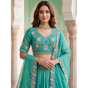 Women's Sea Green Floral <b>Embroidery</b> Organza Lehenga Choli <b>Set</b> with Dupatta - Product Image 2