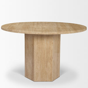 Nouvelle table de salle à manger de style moderne, de forme ronde, avec plateau en marbre travertin et base hexagonale, pour restaurant, hôtel, maison, cuisine, extérieur - Product Image 2