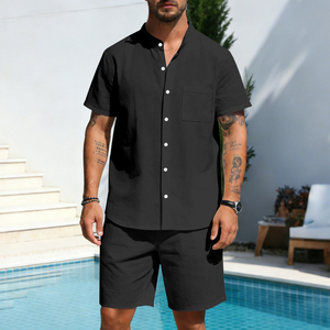 Ensemble de chemises décontractées pour hommes, couleur olive unie, manches courtes, boutonnées, respirantes, en coton tissé, tenue d'été - Product Image 3