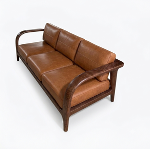 Brown Faux Leather Three Seat Sofa with Padded Arms Foam Modern Design Solid <b>Oak</b> <b>Frame</b> for Living Room - Product Image 4