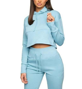 Ensemble haut court à capuche et pantalon de survêtement bleu clair pour femme, manches longues, couleur unie, vêtements décontractés, coton extensible tricoté, tenue 2 pièces - Product Image 1
