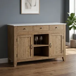 Aparador de Madera con Tapa de Mármol, Tres Cajones, Dos Puertas y Estante Abierto - Product Image 3