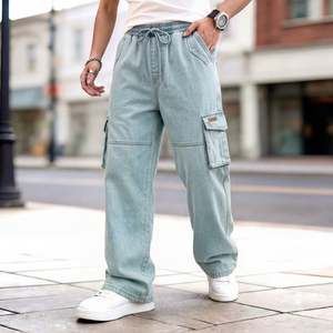 Custom OEM Manufactured 100% Cotton Baggy Cargo <b>Jeans</b> Wide Leg Y2K <b>Elastic</b> Waist Denim Pants for Men with Drawstring Streetwear - Product Image 1