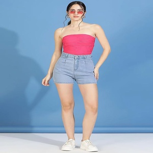 Shorts en jean taille haute pour femme, coupe bootcut, délavage moyen, coupe droite, couleur unie, imperméable, style vintage Y2K, fermeture boutonnée, idéal pour l'été - Product Image 3