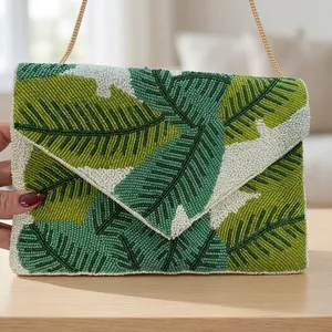 Pochette à perles pour femme avec motif feuille et chaîne, style bohème, pour soirée ou mariage, couleur verte, au meilleur prix - Product Image 4