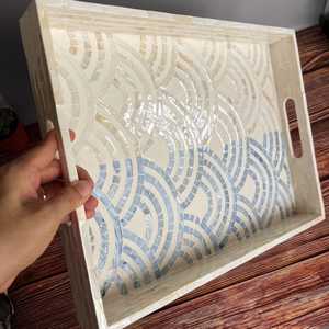 Aesthetic Mother Pearl Inlay Soft Blue Fish Pattern Rectangular Wooden Base Handmade Modern Luxury Design <b>Storage</b> <b>Tray</b> - Product Image 4