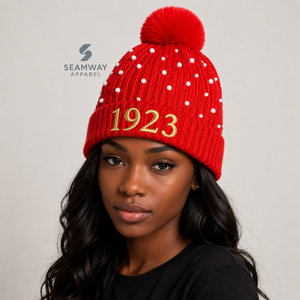 NSPDK Bonnet en tricot acrylique pour femme, brodé, orné de perles, avec pompon et revers côtelé, style décontracté, pour l'hiver - Product Image 5