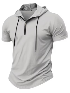 T-shirt à capuche à manches courtes pour homme, couleur unie, tricoté, coupe classique, écologique, respirant, en polyester/coton compressé teint uni - Product Image 4