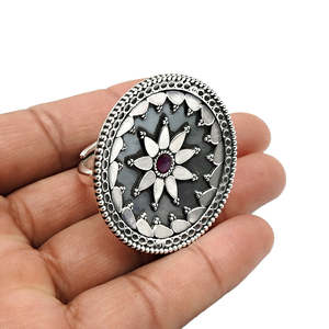 <b>Adjustable</b> <b>Ring</b> With Round Cut Ruby Gemstone Solid 925 Sterling <b>Silver</b> Handmade Bohemian Jewelry Flower Design Vintage <b>Ring</b> - Product Image 4