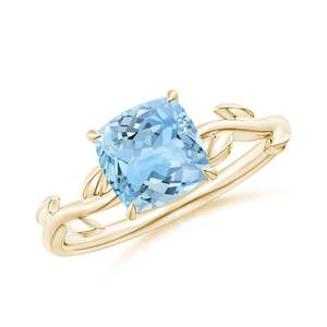 Bague de fiançailles et de mariage pour femme en pierre précieuse bleu clair taille coussin, en or rhodié 10K 14K 18K ou en argent 925/935, motif feuille inspiré de la nature - Product Image 1