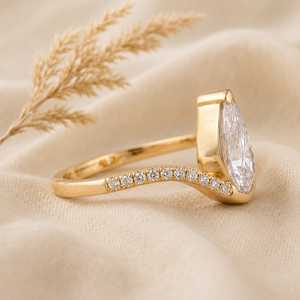 Bague solitaire en or massif avec diamant de laboratoire taille poire 3 carats et bande pavée, bijoux fins certifiés IGI, couleur E, pour femme - Product Image 4
